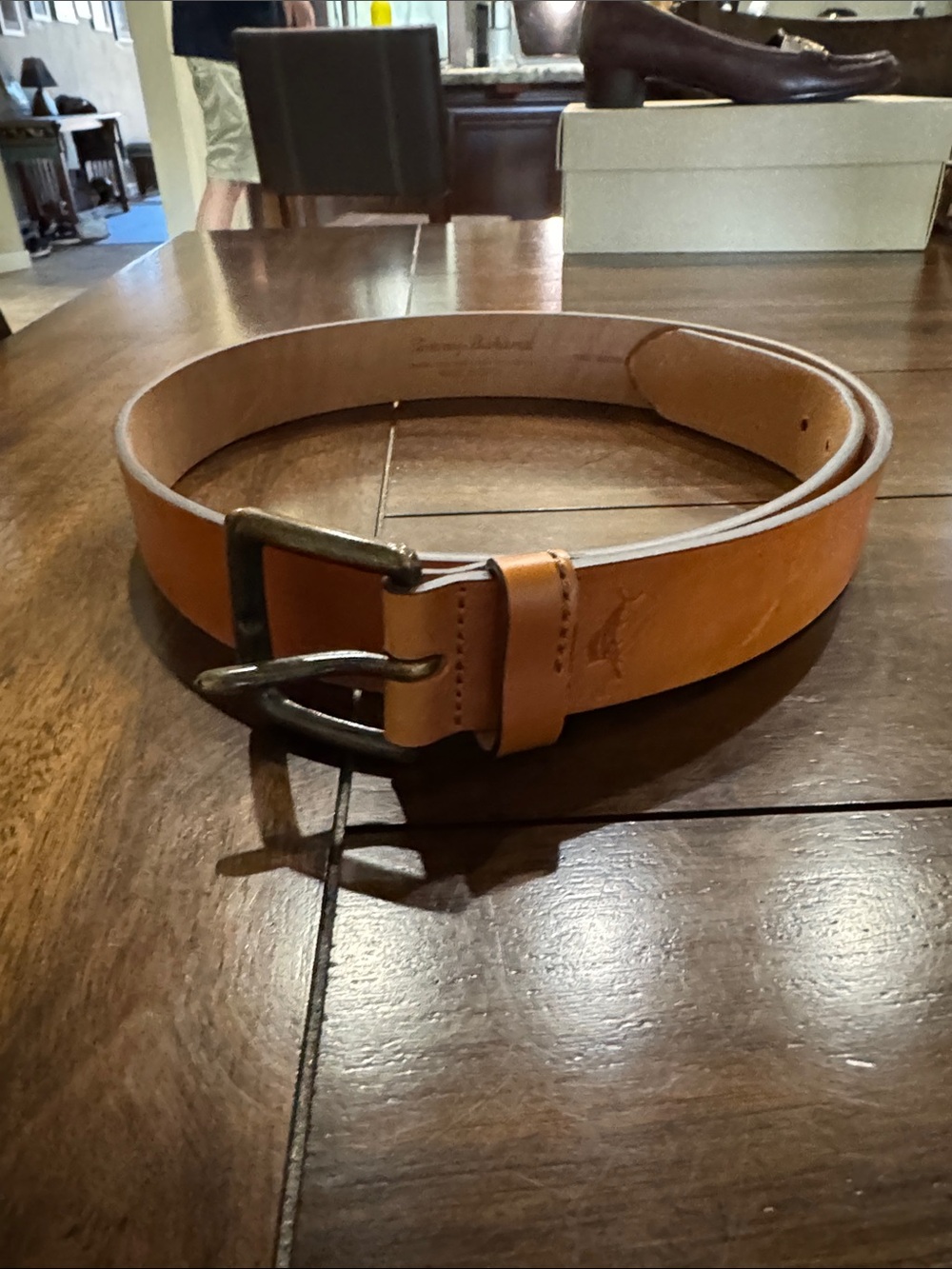 Tommy Bahama Cognac Leather Belt with Antique Metal Buckle